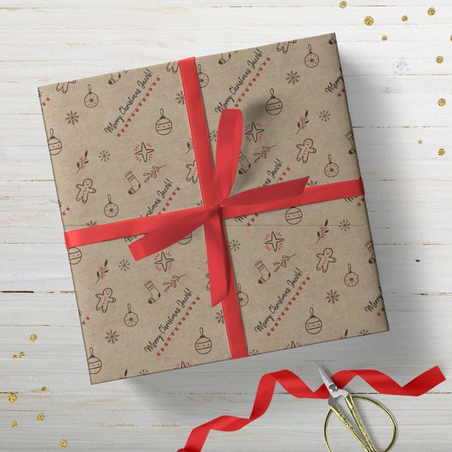 Personalised Kraft-Styled Christmas Doodles Brown Wrapping Paper (Creator Uploaded)