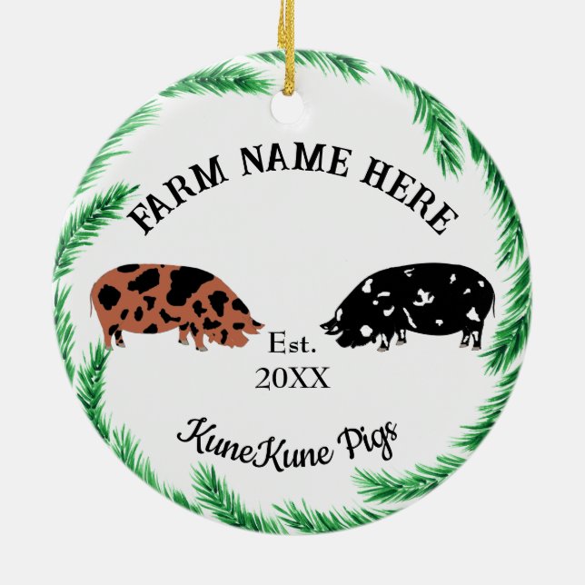 Personalised KuneKune Pig Farm Pine Wreath #2 Ceramic Ornament (Back)