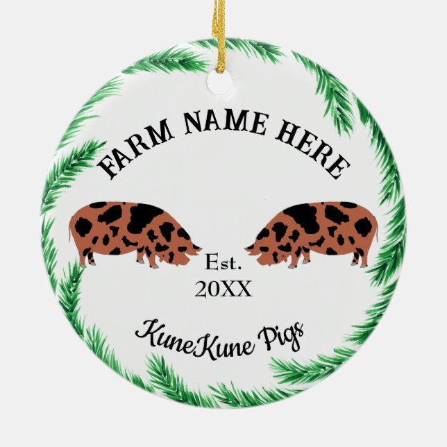 Personalised KuneKune Pig Farm Pine Wreath Ceramic Ornament (Back)