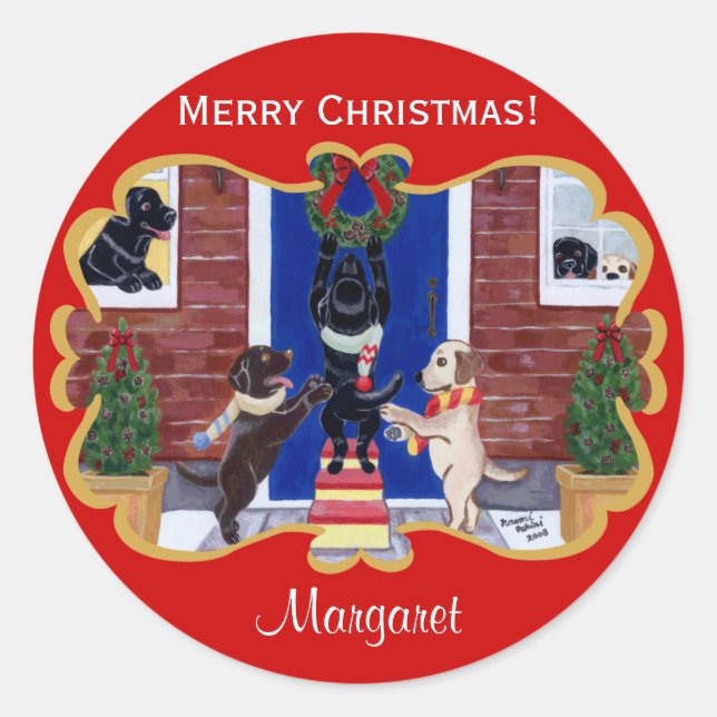 Personalised Labrador Retriever Christmas Fun Classic Round Sticker (Front)