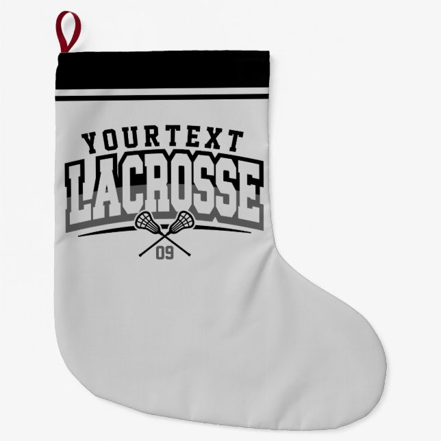 Personalised Lacrosse Player ADD NAME Team Number Large Christmas Stocking (Front)