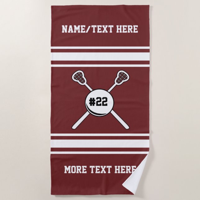 Personalised Lacrosse Player Name Jersey Number Beach Towel (Front)