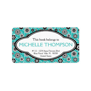 Personalised Ladies Doodle Flowers Bookplate Aqua Label