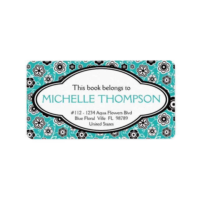 Personalised Ladies Doodle Flowers Bookplate Aqua Label (Front)