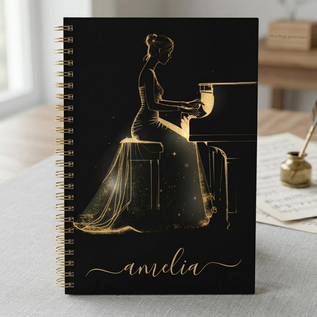 Personalised Lady Grand Piano Artistic Black Gold  Notebook (Creator Uploaded)