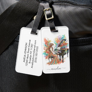 Personalised Lady Grand Piano Artistic Colourful Luggage Tag