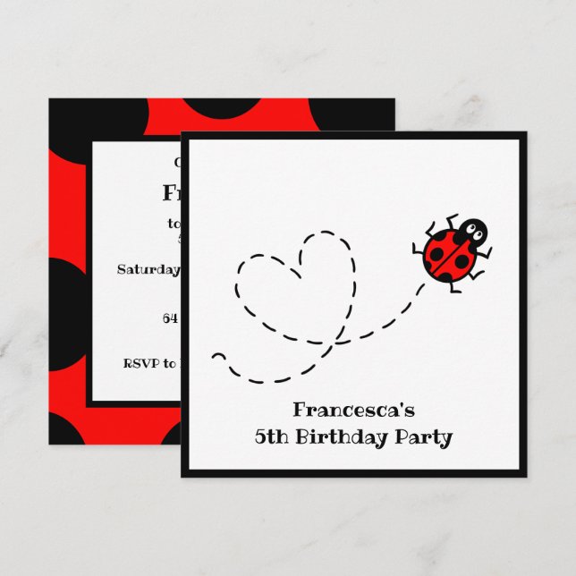 Personalised Ladybird Heart Pattern Invitation (Front/Back)