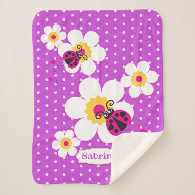 Personalised ladybugs ladybirds pink purple sherpa blanket (Front)
