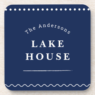 Personalised Lake House Navy Blue Family Name Coaster