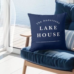 Personalised Lake House Navy Blue Family Name Cushion