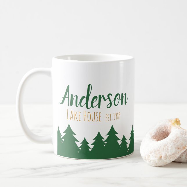 Personalised Lake House & Pine Trees Mug (With Donut)
