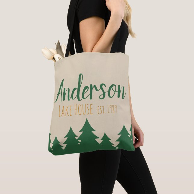Personalised Lake House & Pine Trees Tote Bag (Close Up)
