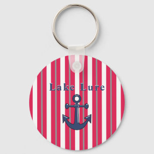 Personalised Lake or Beach Red White Striped Key Ring