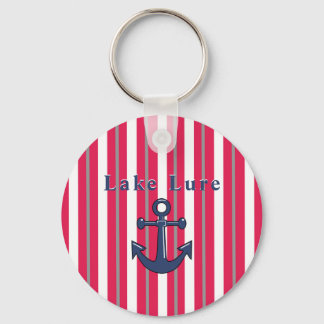 Personalised Lake or Beach Red White Striped Key Ring