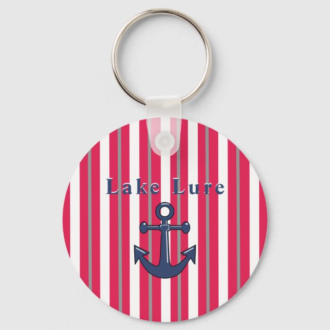 Personalised Lake or Beach Red White Striped  Key Ring (Front)