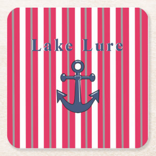 Personalised Lake or Beach Red White Striped Square Paper Coaster