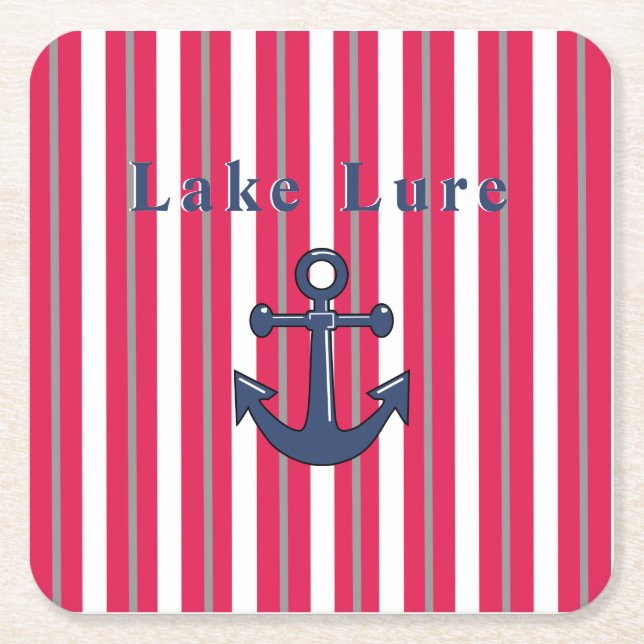 Personalised Lake or Beach Red White Striped    Square Paper Coaster (Front)