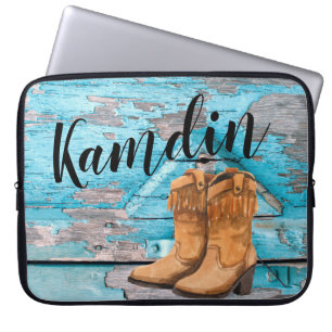 Personalised Laptop Case Blue Wood Barn Door Boots
