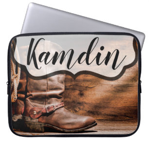 Personalised Laptop Case Cowboy Boots Barn Wood Ru