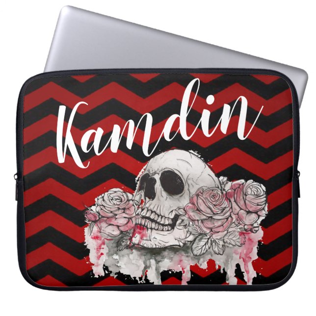 Personalised Laptop Caseskull Rose goth Chevron bl Sleeve (Front)