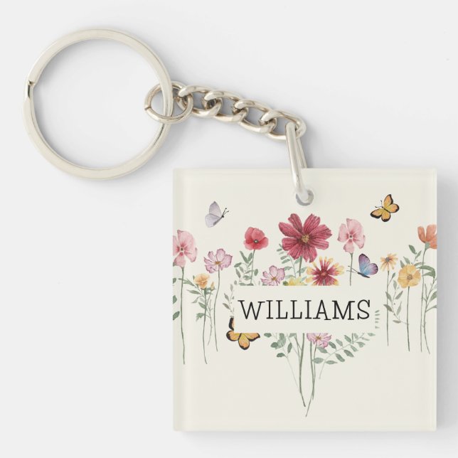 Personalised Last Name Floral Key Ring (Front)