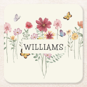 Personalised Last Name Floral Square Paper Coaster