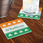 Personalised Last Name Ireland Flag Colours Glass Coaster<br><div class="desc">Show your Irish pride with a custom monogrammed drink coaster! Design features a tricolor striped design with the liking of the national flag of Ireland, in traditional Irish colours of green, white, and orange. Lucky shamrock clovers accent the design. Personalise the classic custom text with your last name or a...</div>