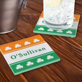 Personalised Last Name Ireland Flag Colours Glass Coaster