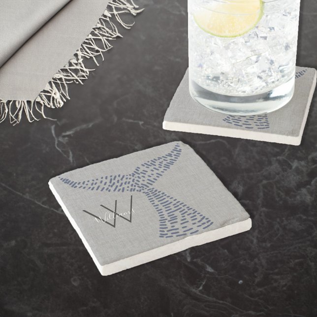 Personalised Last Name Nautical Whale Tail Art Stone Coaster (Personalized Last Name Nautical Whale Tail Art Stone Coaster)