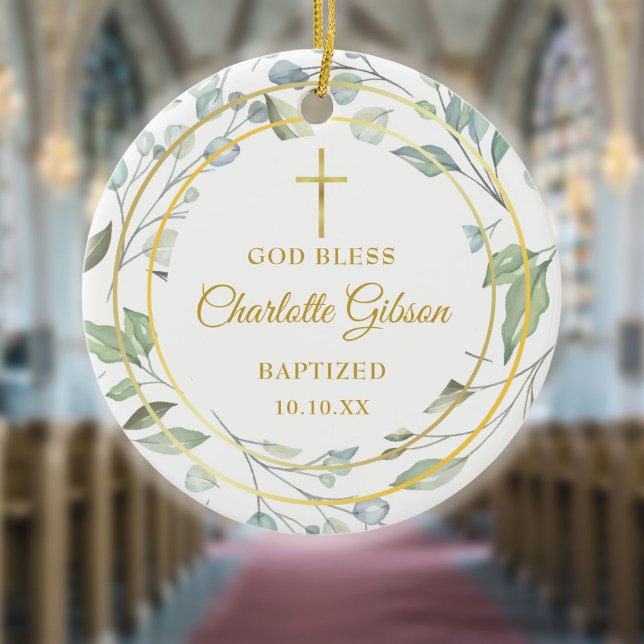 Personalised Laurel Garland Gold Boy Girl Baptism Ceramic Ornament (Creator Uploaded)