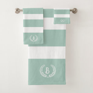 Personalised Laurel Wreath Green & White Stripes Bath Towel Set