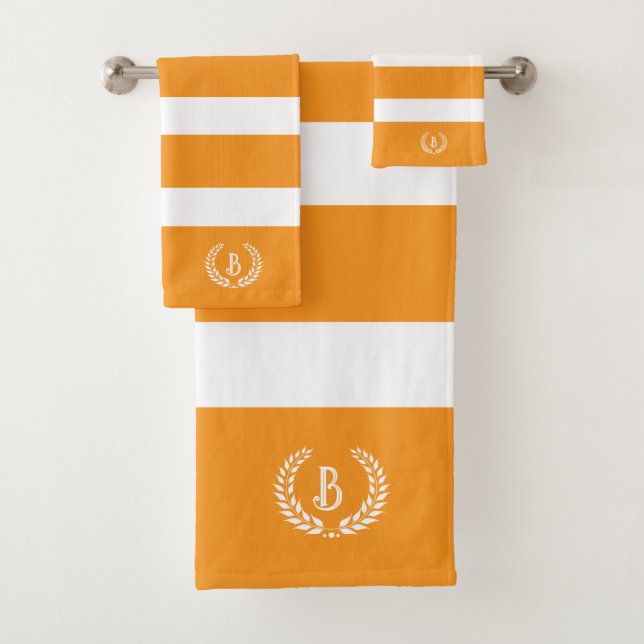 Personalised Laurel Wreath Orange & White Stripes Bath Towel Set (Insitu)