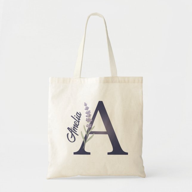 Personalised Lavender Floral A Monogram Tote Bag (Front)