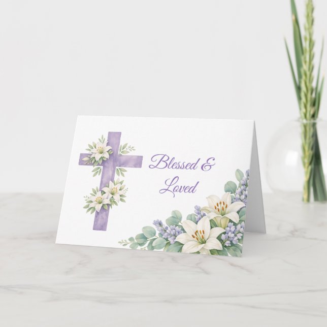 Personalised Lavender Floral Cross Blessed & Loved Card (Front)