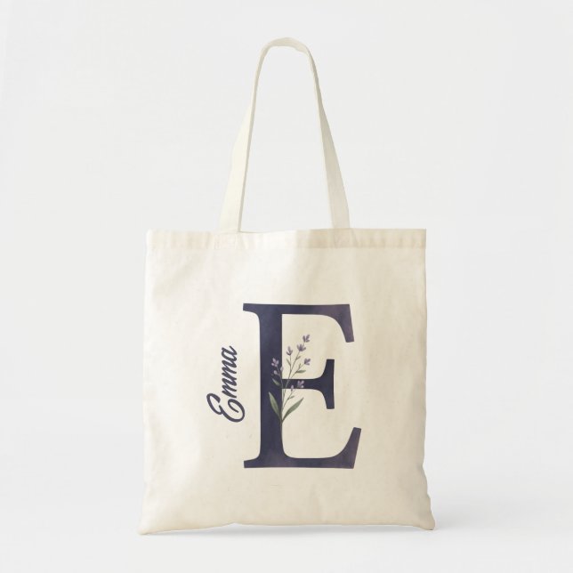 Personalised Lavender Floral E Monogram Tote Bag (Front)