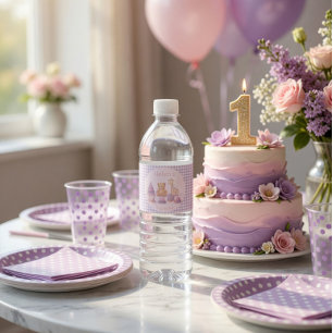 Personalised Lavender Gingham 1st Birthday Water Bottle Label