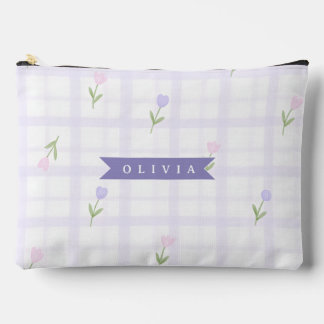 Personalised Lavender Gingham Floral Name Gift Accessory Pouch