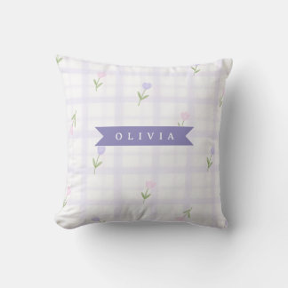 Personalised Lavender Gingham Floral Name Gift Cushion