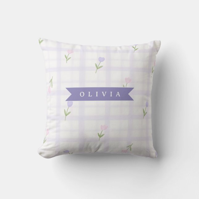 Personalised Lavender Gingham Floral Name Gift Cushion (Front)