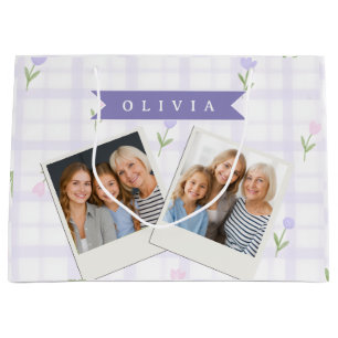 Personalised Lavender Gingham Floral Name Gift Large Gift Bag