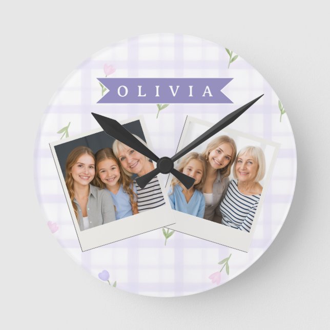 Personalised Lavender Gingham Floral Name Gift Round Clock (Front)