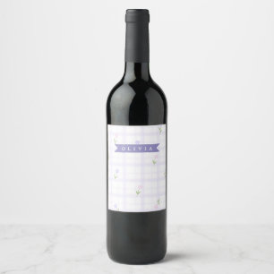 Personalised Lavender Gingham Floral Name Gift Wine Label