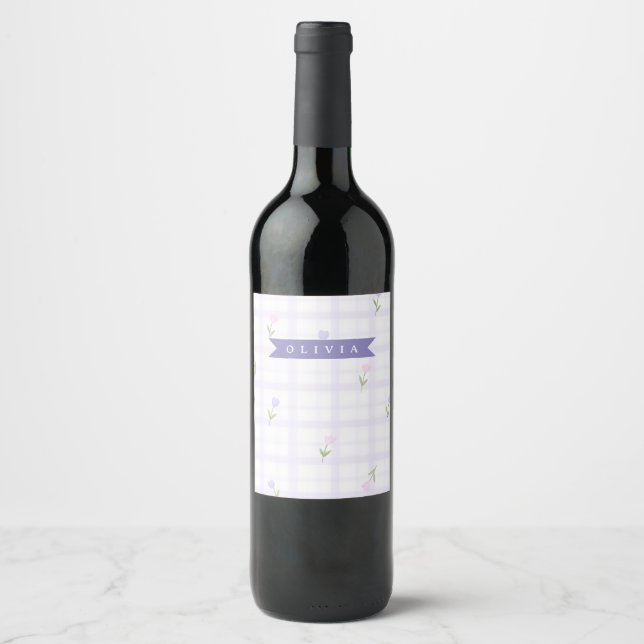 Personalised Lavender Gingham Floral Name Gift Wine Label (Front)