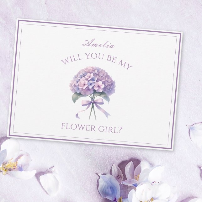 Personalised Lavender Hydrangea Bow Flower Girl Card (Pop the question to your flower girl with this charming purple personalized hydrangea card.)