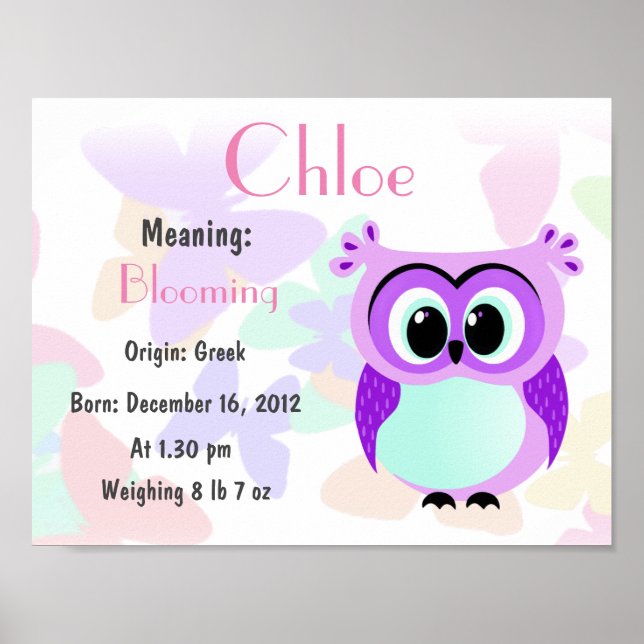 Personalised lavender owl nursery poster (Front)