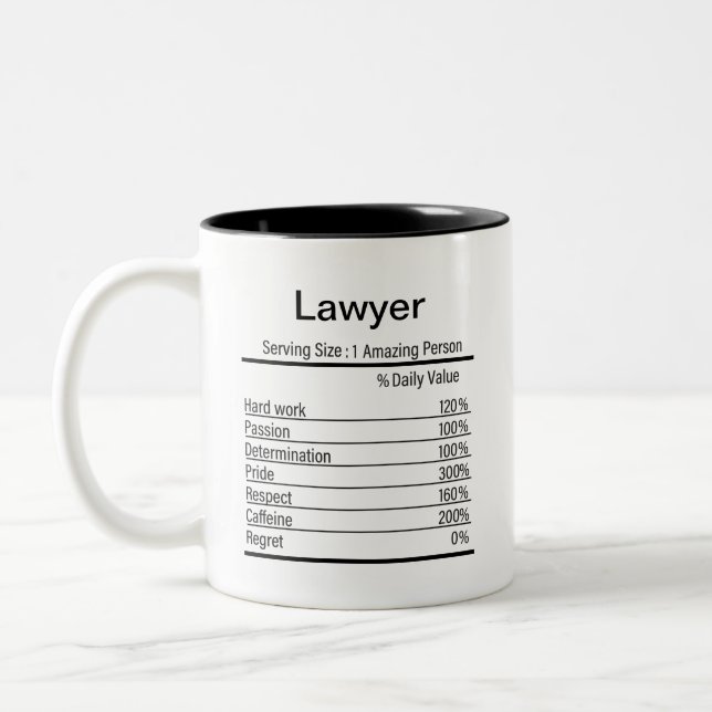 Personalised Lawyer Nutrition Facts, Nutrition Two-Tone Coffee Mug (Left)