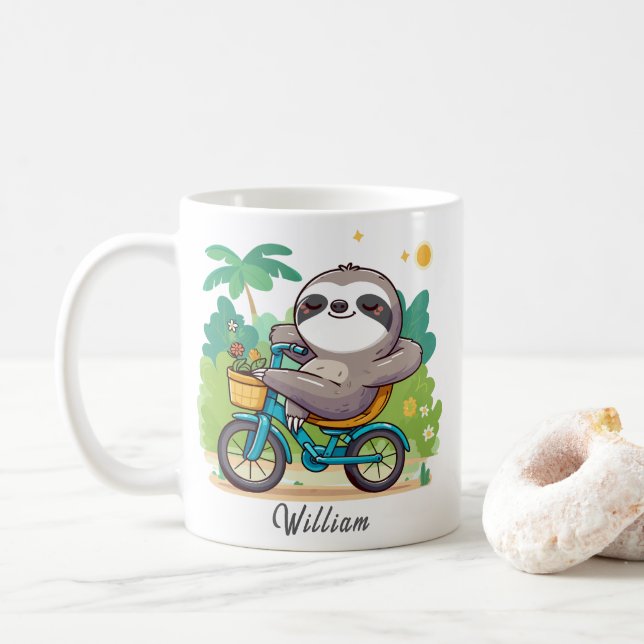 Personalised Lazy Sloth's Relaxing Bike Adventure Coffee Mug (With Donut)