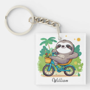 Personalised Lazy Sloth's Relaxing Bike Adventure Key Ring