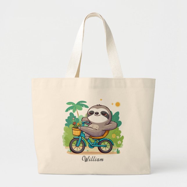 Personalised Lazy Sloth's Relaxing Bike Adventure Large Tote Bag (Front)
