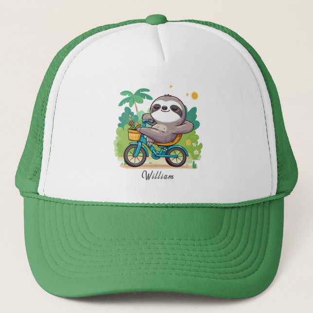 Personalised Lazy Sloth's Relaxing Bike Adventure Trucker Hat (Front)